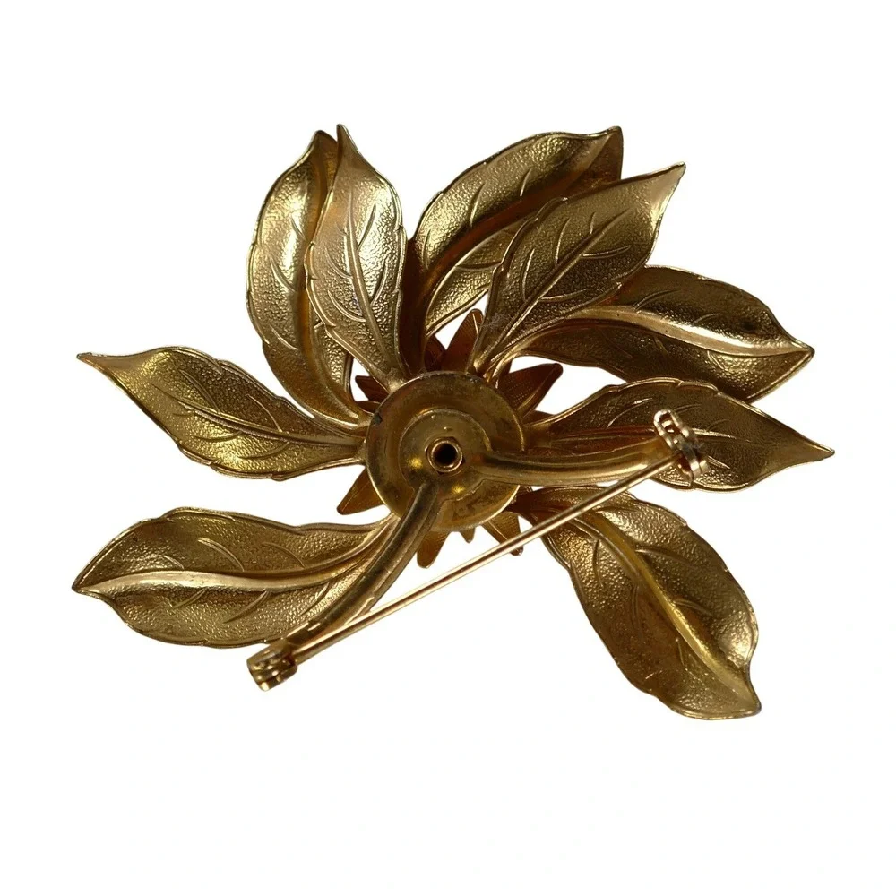 Floral Brooch Gold Tone Turquoise Faux Pearl Textured Leaf Pin Vintage 2.25